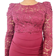 Blush Sequin Lace Puffed Out Shoulder Dress - Samarlie