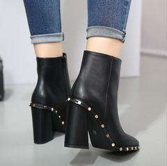 Rivet decoration pointed thick heel ankle boots