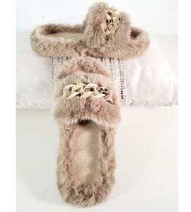 Khaki Gold Chain Thick Bottom Plush Slippers