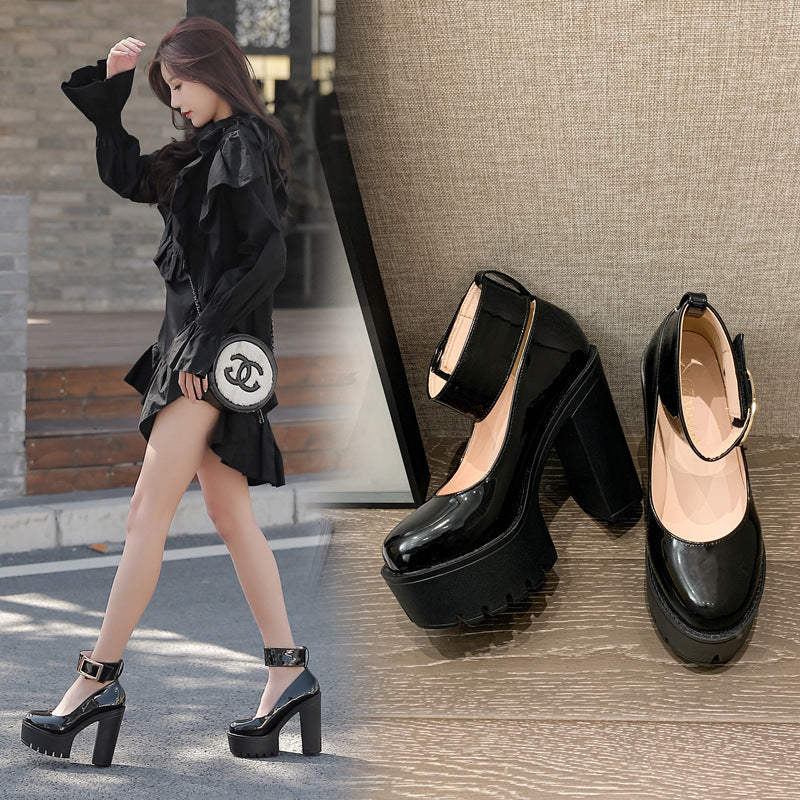 thick-heeled waterproof platform patent leather shoes NHHU293260