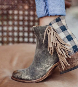 Fringed plaid chunky heel ankle boots