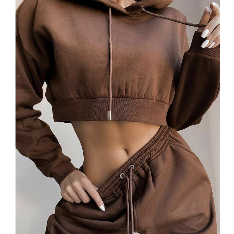 Brown Drawstrings Crop Hoody & Sweatpants - Samarlie