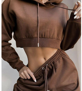 Brown Drawstrings Crop Hoodie & Sweatpants