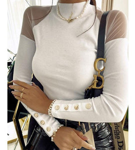 White Sheer Shoulder Mesh Turtle Neck Top