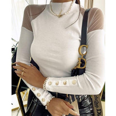 White Sheer Shoulder Mesh Turtle Neck Top