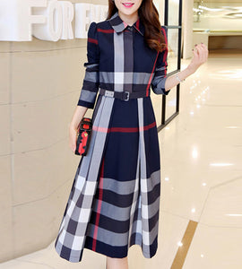 High Waist Lapel Plaid Dress