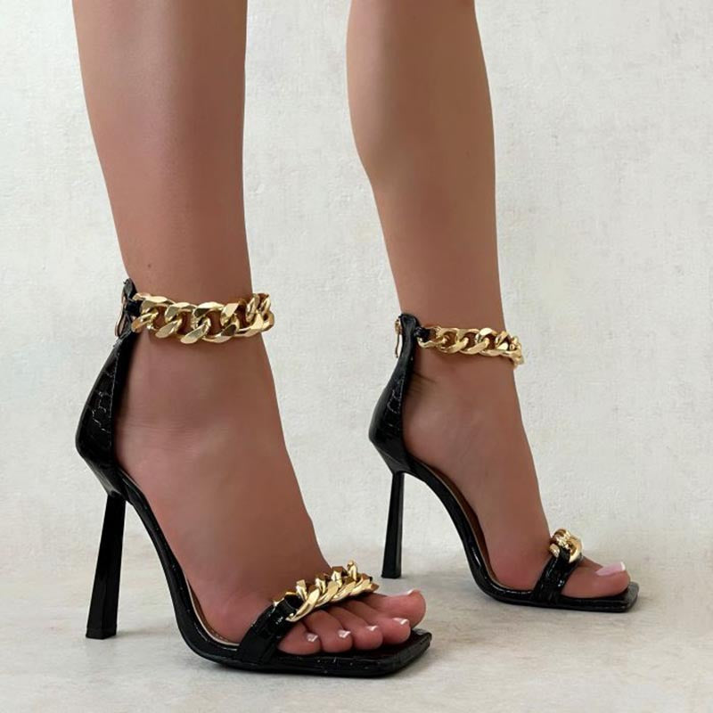 fashion square toe stiletto stone pattern metal chain sandals NHSO356311