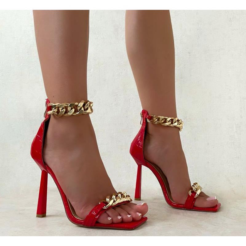 fashion square toe stiletto stone pattern metal chain sandals NHSO356311