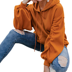 Ruffled Sleeve Drawstring Pumpkin Hoodie - Samarlie