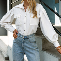 White Button Down Pleated Puff-Out Blouse