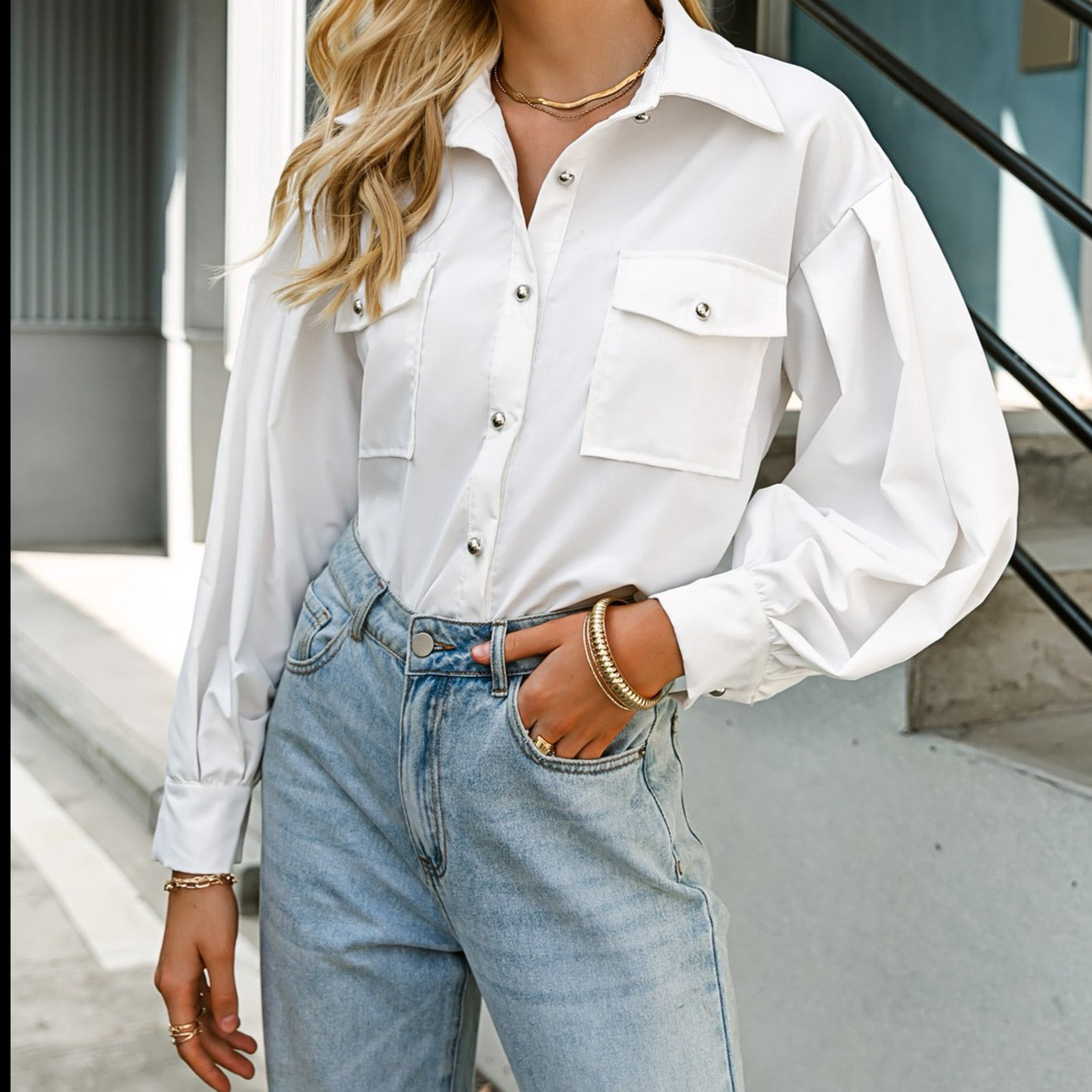 White Button Down Pleated Puff-Out Blouse