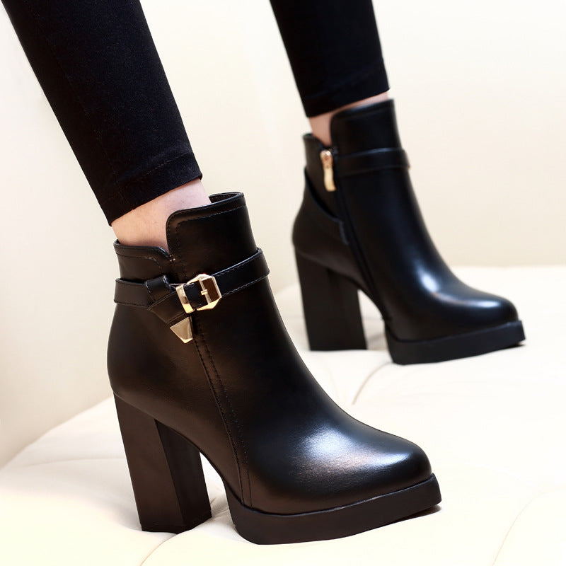 wholesale pointed thick high-heeled platform side zipper short boots Nihaojewelry NHSO397104