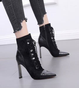 pointed toe stiletto lace up suede stitching short boots wholesale Nihaojewelry NHSO401674