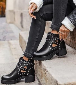 new fashion rivet boots 2021 autumn and winter in the tube black fashion hollow high heels women NHMIX435708