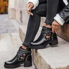 new fashion rivet boots 2021 autumn and winter in the tube black fashion hollow high heels women NHMIX435708