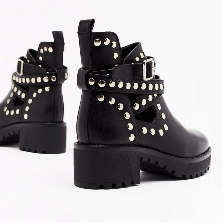 new fashion rivet boots 2021 autumn and winter in the tube black fashion hollow high heels women NHMIX435708