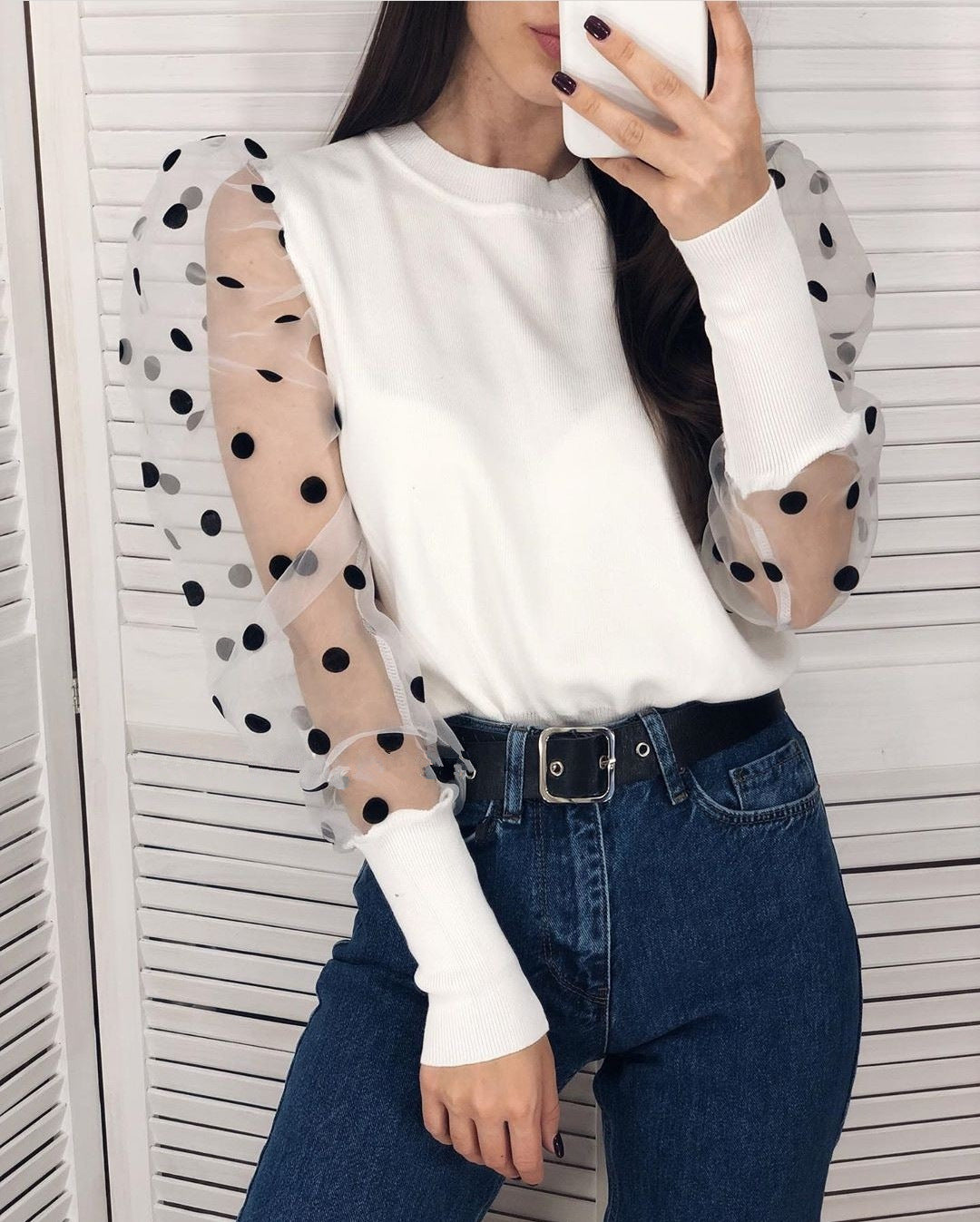 polka dot puff sleeve vertical striped top nihaostyles clothing wholesale NSHML85492