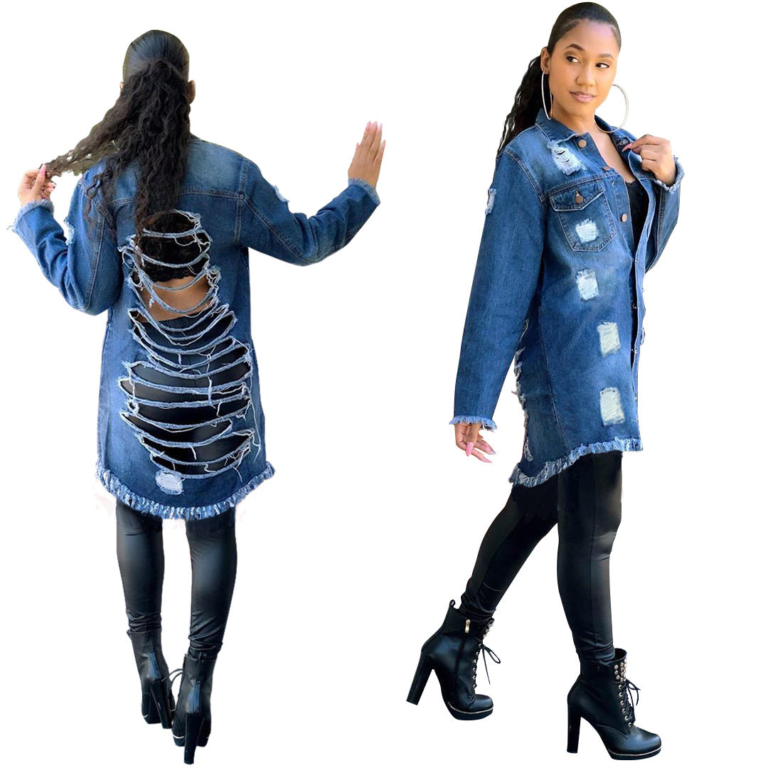 mid-length ripped denim jacket nihaostyles clothing wholesale NSWL97435