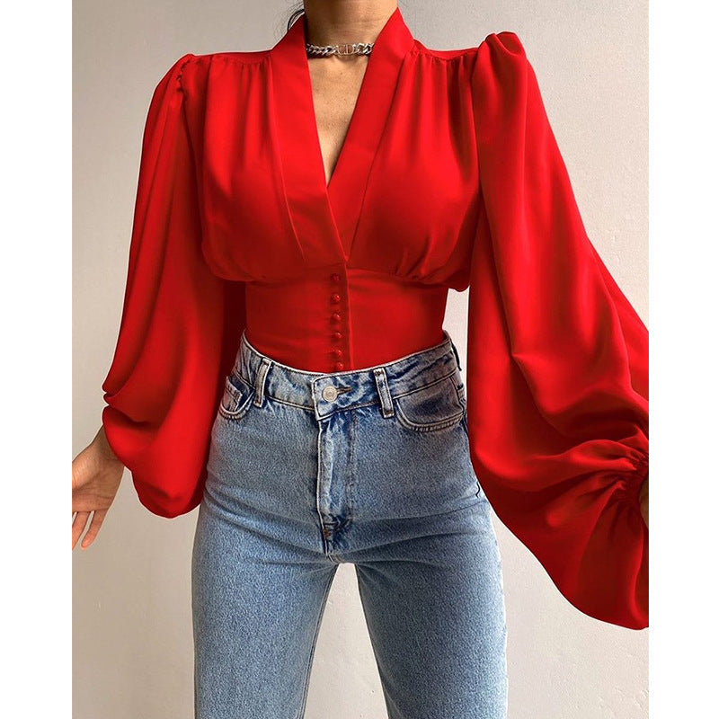 solid color lantern long-sleeved single-breasted top nihaostyles wholesale clothing NSXPF103333