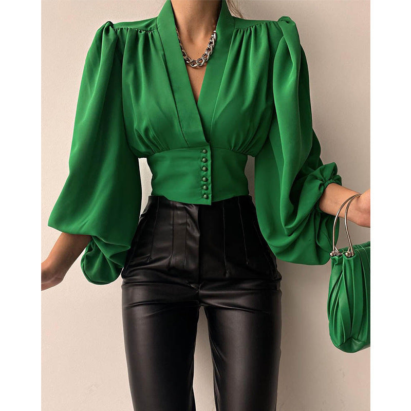 solid color lantern long-sleeved single-breasted top nihaostyles wholesale clothing NSXPF103333