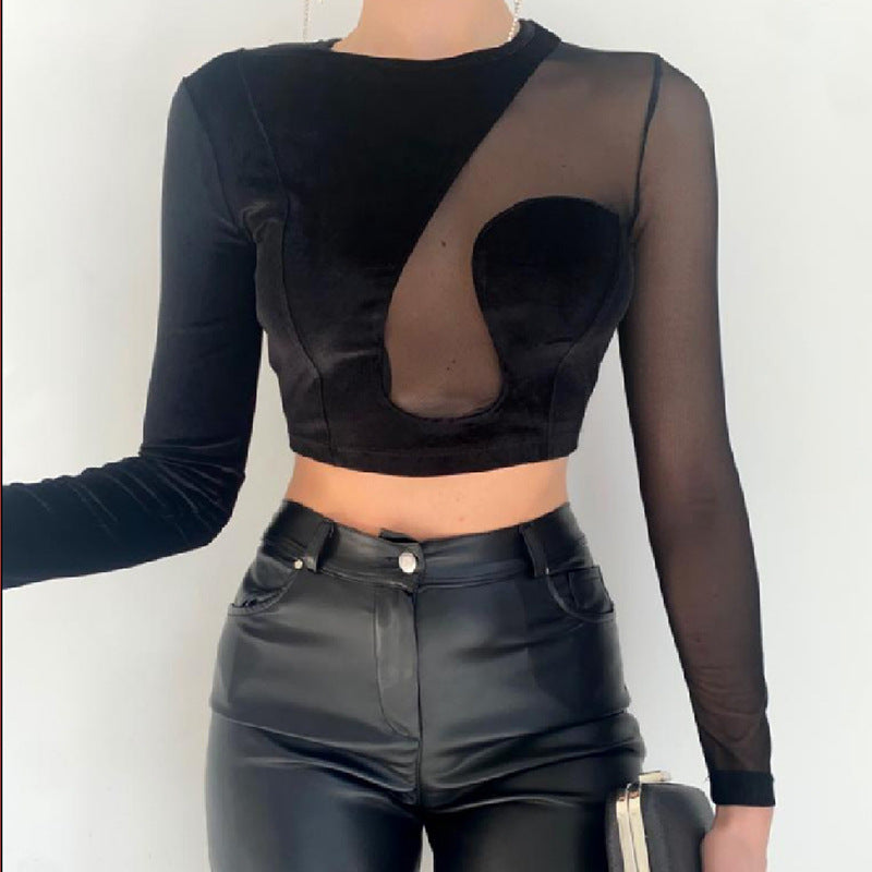 tight round neck long sleeve short irregular stitching velvet mesh top NSKAJ112233