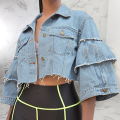 stitching sleeved crop Denim Top NSMRF116556