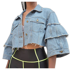 stitching sleeved crop Denim Top NSMRF116556