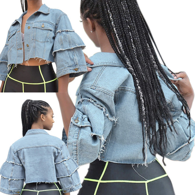 stitching sleeved crop Denim Top NSMRF116556