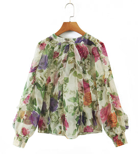 ruffle long-sleeved hollow lace-up flower print top NSXFL117725