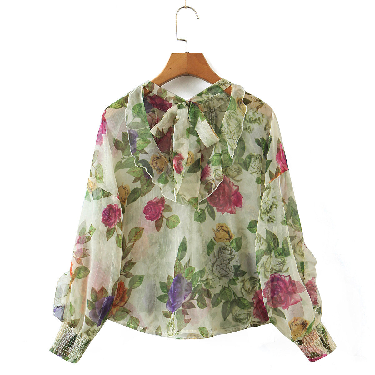 ruffle long-sleeved hollow lace-up flower print top NSXFL117725