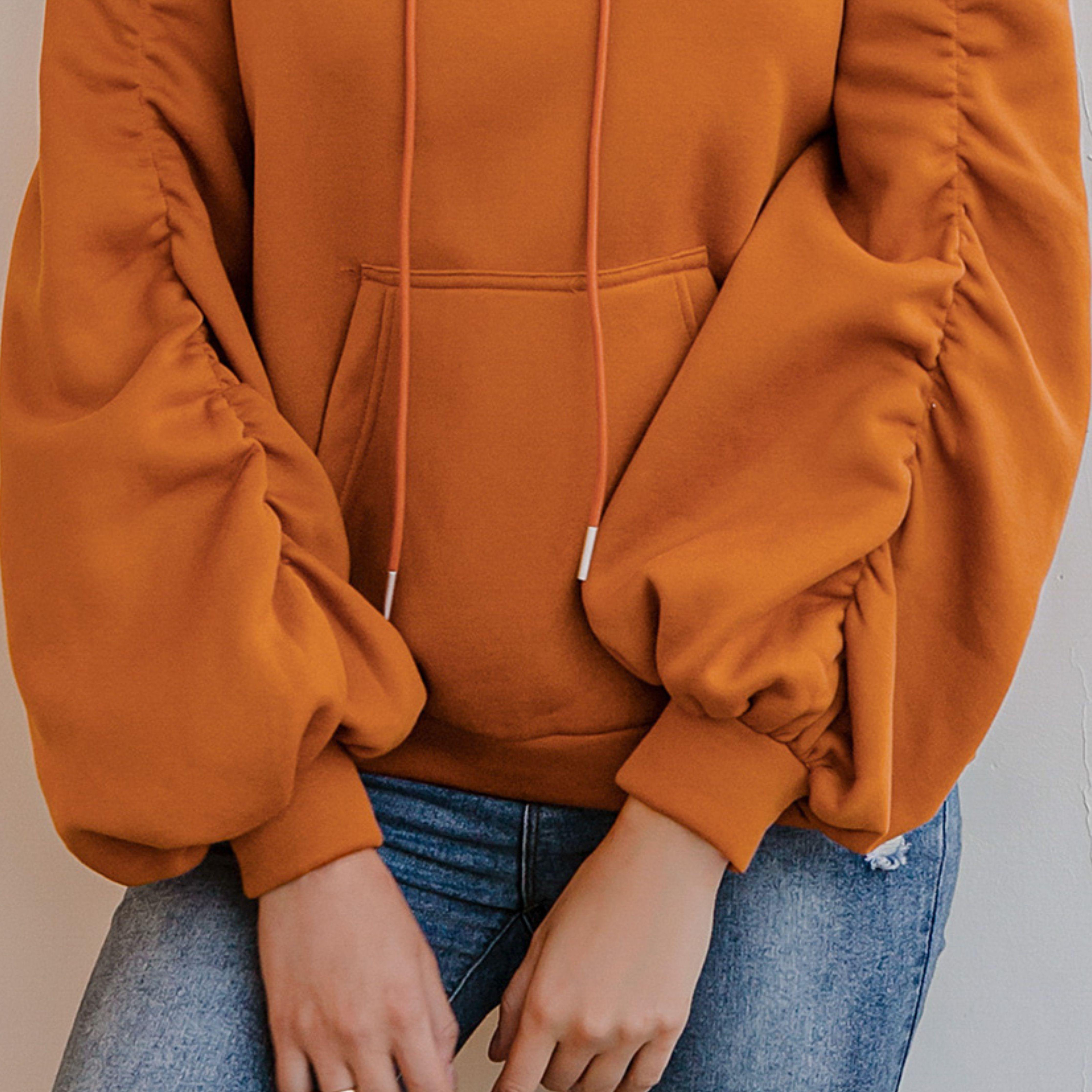 Ruffled Sleeve Drawstring Pumpkin Hoodie - Samarlie