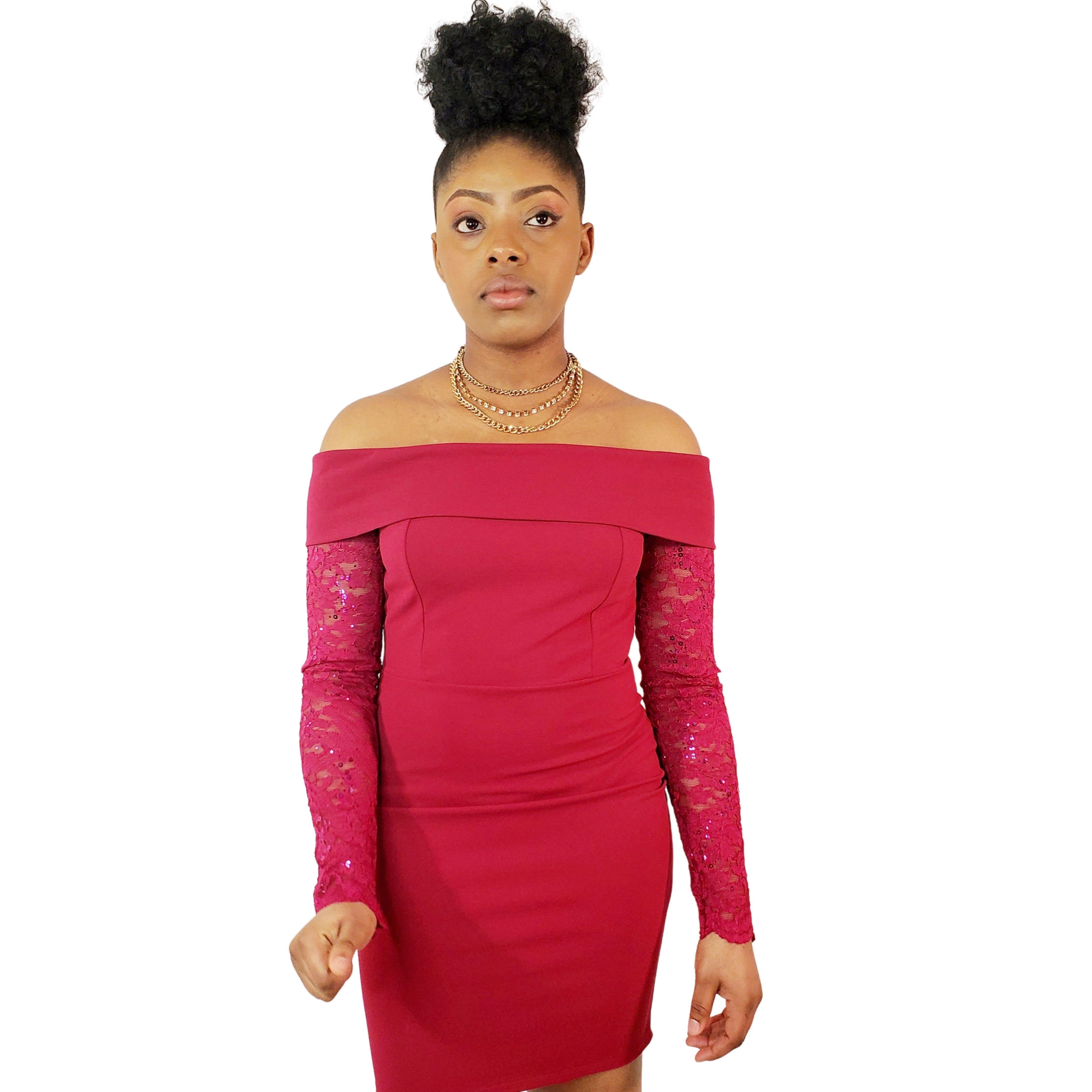 Off-Shoulder Fuchsia Long Lace Sleeve Dress - Samarlie