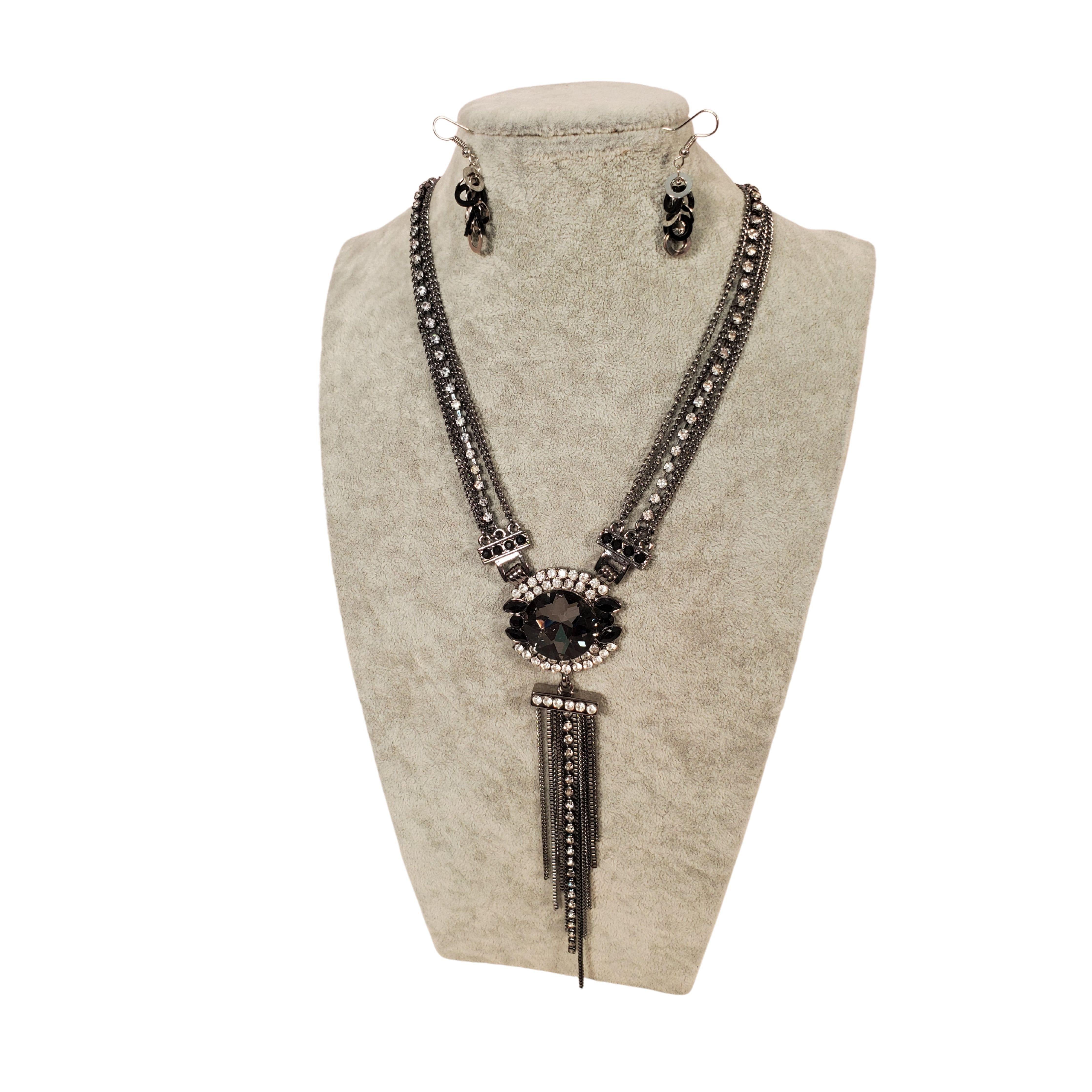 Grey Rhinestone Necklace Earring Set - Samarlie