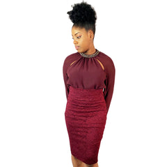 Burgundy Elegant Floral Lace Pencil Skirt