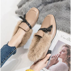 Fur shoes female 2021 spring new wild thick with velvet wind shoes square head shoes