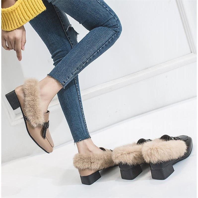 Fur shoes female 2021 spring new wild thick with velvet wind shoes square head shoes