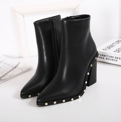 Rivet decoration pointed thick heel ankle boots