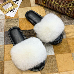 Flat Heeled White Plush Slippers - Samarlie