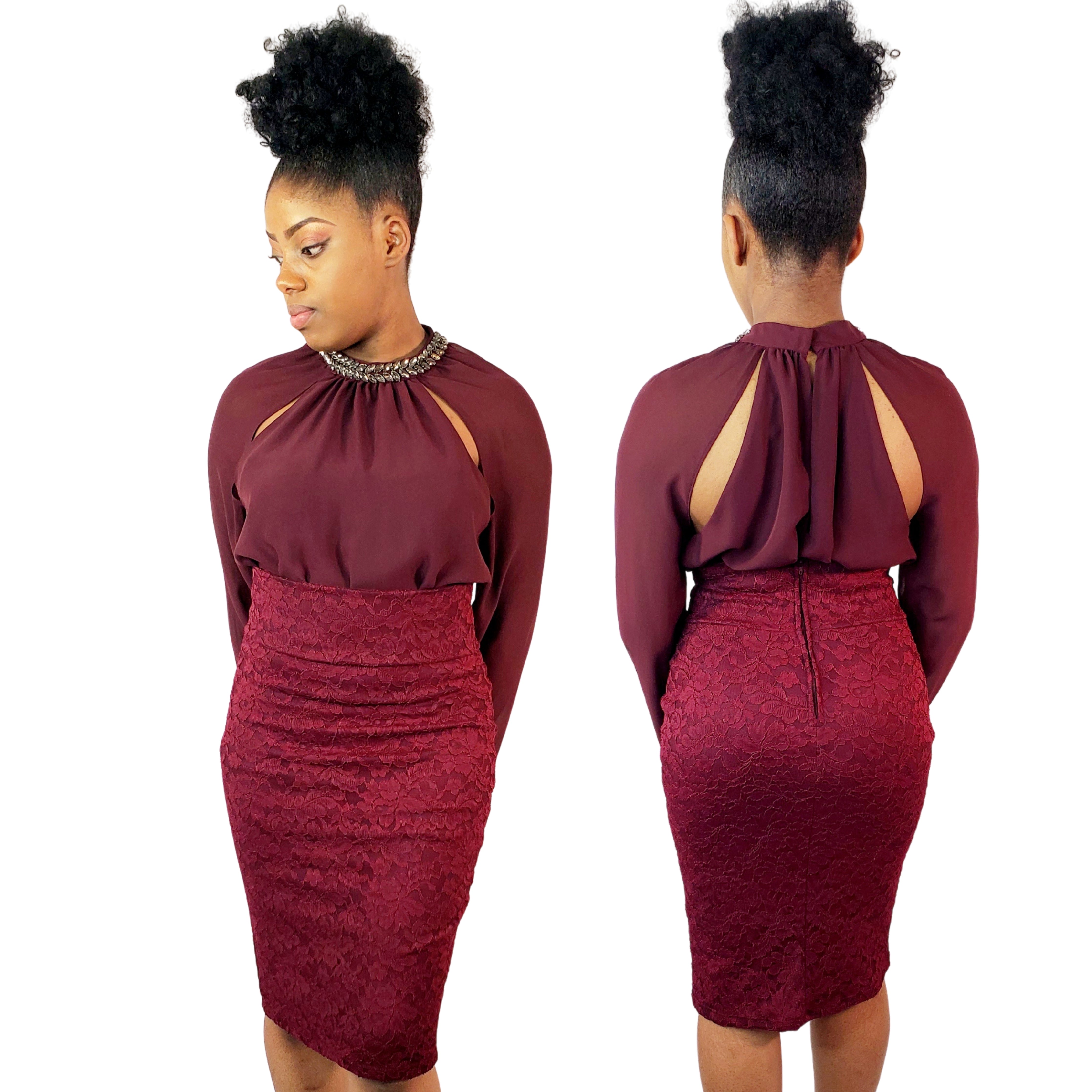 Burgundy Elegant Floral Lace Pencil Skirt