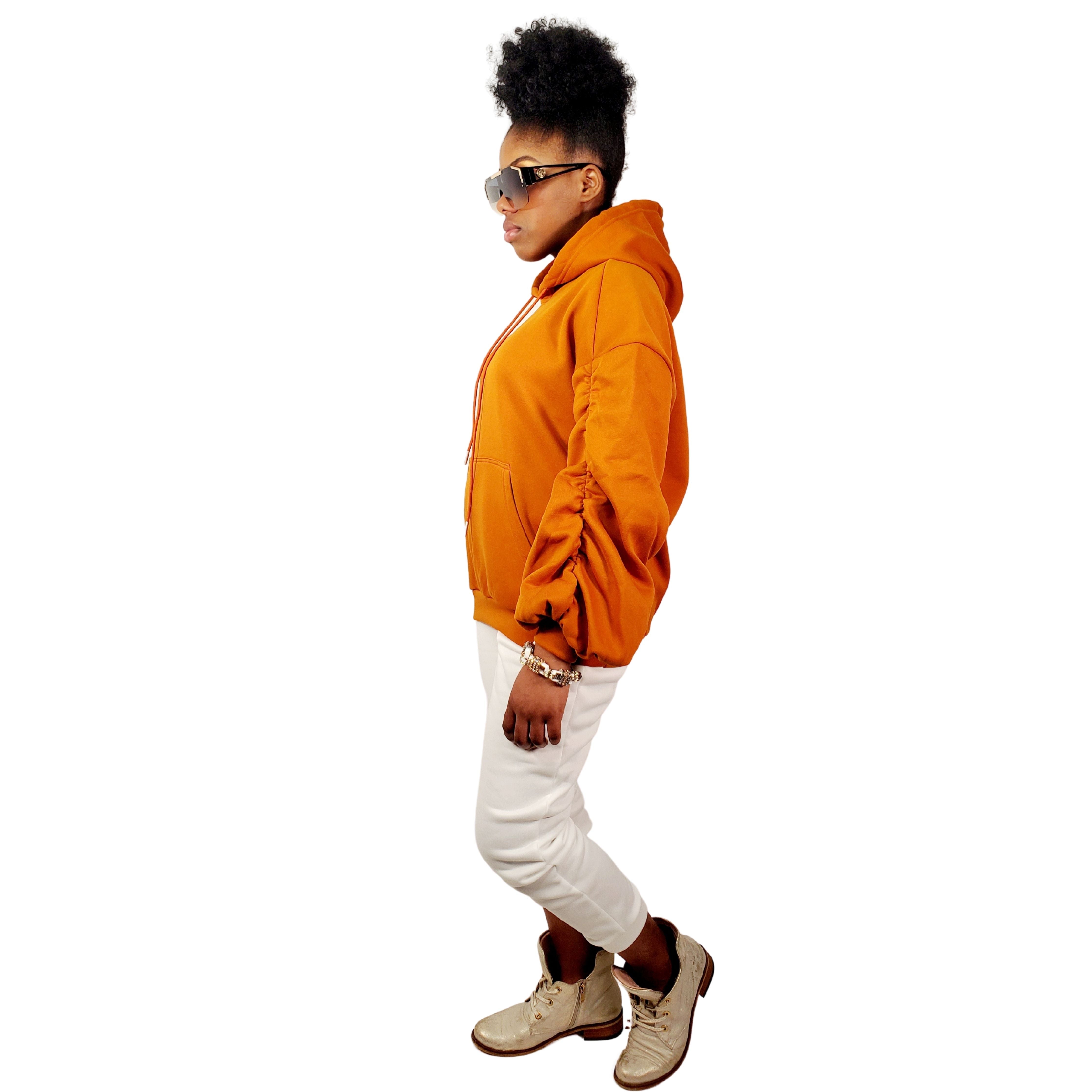 Ruffled Sleeve Drawstring Pumpkin Hoodie