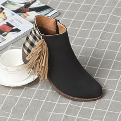 Fringed plaid chunky heel ankle boots