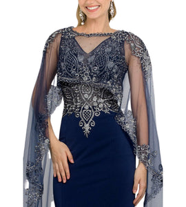 Floor-Length Embroidered Lace Applique Cape Dress