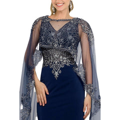 Floor-Length Embroidered Lace Applique Cape Dress - Samarlie