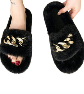 Black Gold Chain Thick Bottom Plush Slippers