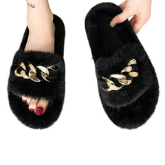 Black Gold Chain Thick Bottom Plush Slippers