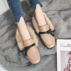 Fur shoes female 2021 spring new wild thick with velvet wind shoes square head shoes