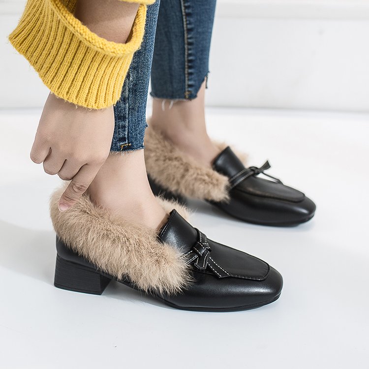 Fur shoes female 2021 spring new wild thick with velvet wind shoes square head shoes