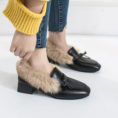 Fur shoes female 2021 spring new wild thick with velvet wind shoes square head shoes