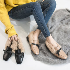 Fur shoes female 2021 spring new wild thick with velvet wind shoes square head shoes