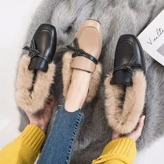 Fur shoes female 2021 spring new wild thick with velvet wind shoes square head shoes